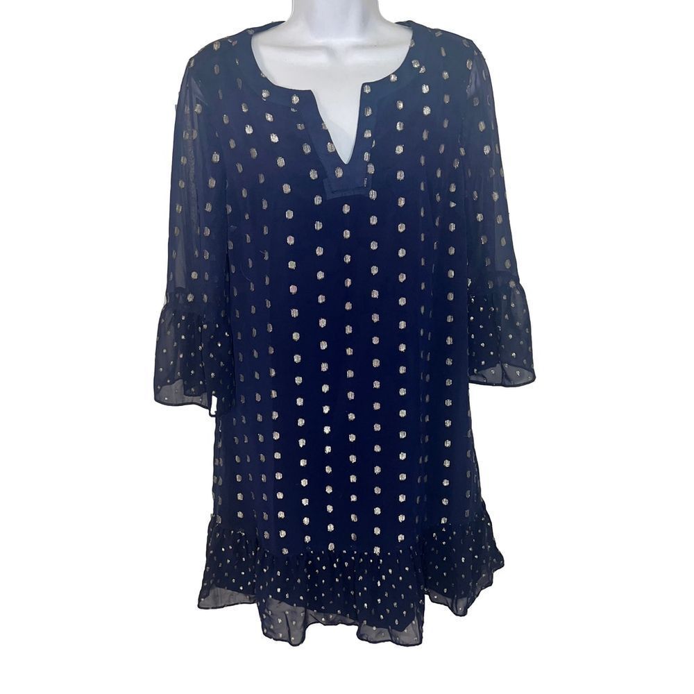 Crown & Ivy Women's Dress, S, Navy and Silver polkadot